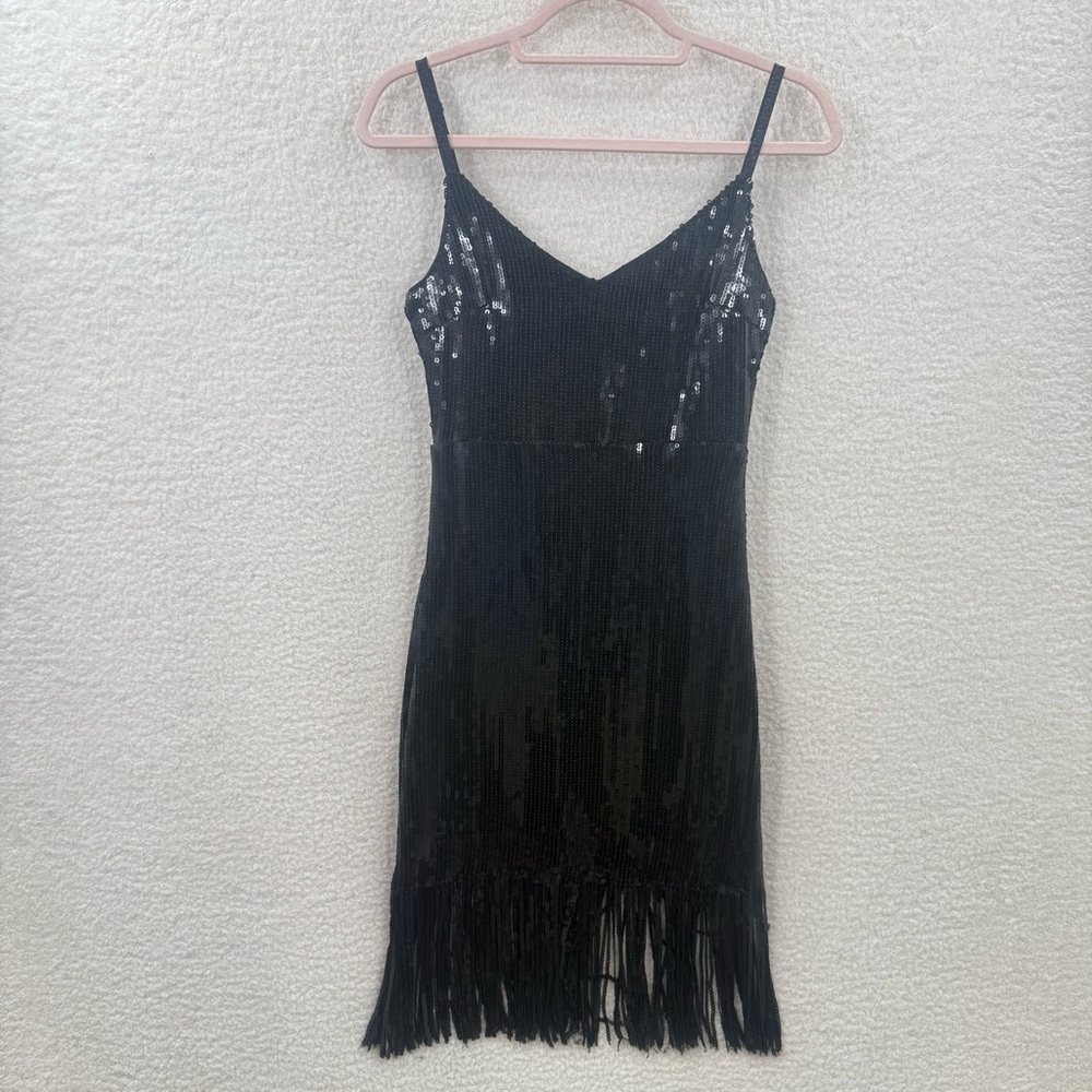 Lulus Glitter in the Air Black Sequin Fringe Bodycon Dress Size S Fairy